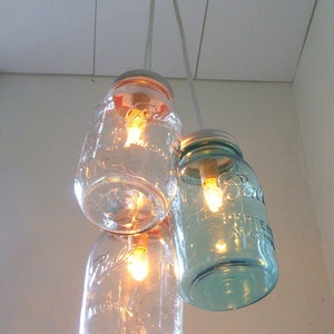 Mason Jar Chandelier, Mason Jar Pendant Lighting Fixture, 3 Clear and Blue Jars, Rustic Hanging Mason Jar Lighting Pendants, Bulbs Included image 2