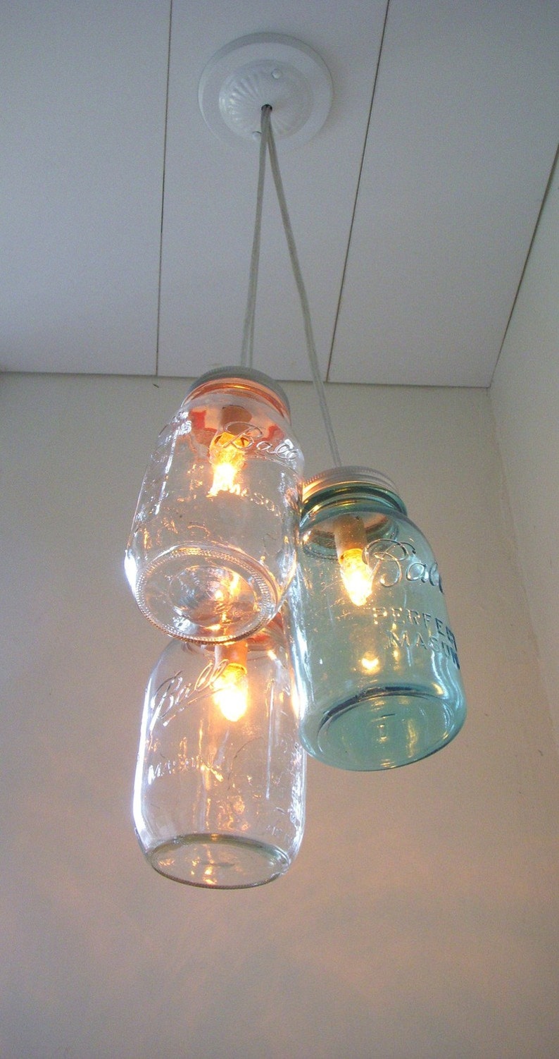 Mason Jar Chandelier, Mason Jar Pendant Lighting Fixture, 3 Clear and Blue Jars, Rustic Hanging Mason Jar Lighting Pendants, Bulbs Included image 2