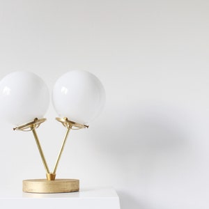 Gold Table Lamp, 2 White Globes, Wood Brass and Glass Desk Lamp, Raw Brass Twin White Glass Globes, BootsNGus Lighting and Home Decor image 5