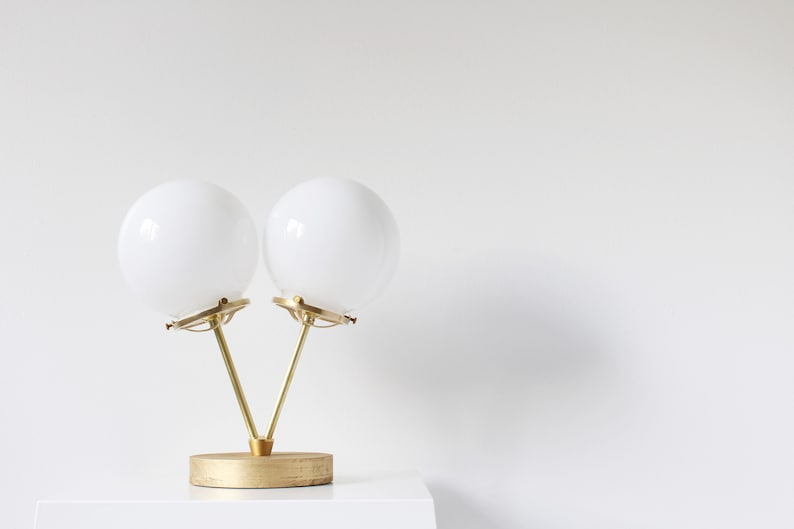 Gold Table Lamp, 2 White Globes, Wood Brass and Glass Desk Lamp, Raw Brass Twin White Glass Globes, BootsNGus Lighting and Home Decor image 5