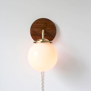 Wall Sconce Lamp, Brass and Wood Modern Wall Mounted Lighting Fixture, Frosted White Glass Globe Shade, Wire-In Or Plug-In image 5