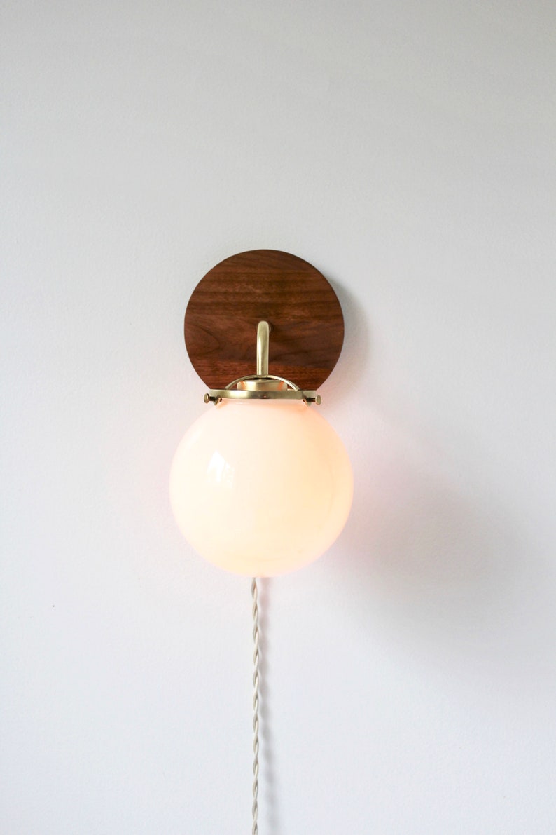 Wall Sconce Lamp, Brass and Wood Modern Wall Mounted Lighting Fixture, Frosted White Glass Globe Shade, Wire-In Or Plug-In image 5