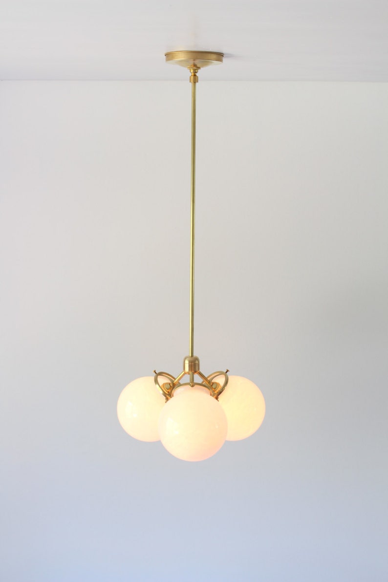 Brass Chandelier Pendant Light, Modern Industrial Hanging Ceiling Mount Lighting Fixture, 3 White Glass Bubble Globes, Free Shipping image 1