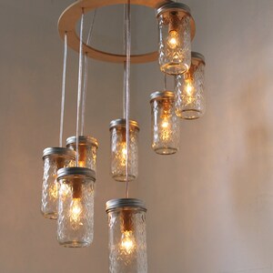 Mason Jar Chandelier, Spiral Waterfall Mason Jar Lighting Fixture With 8 Quilted Pint Jars, BootsNGus Rustic Modern Home Lighting & Decor image 5