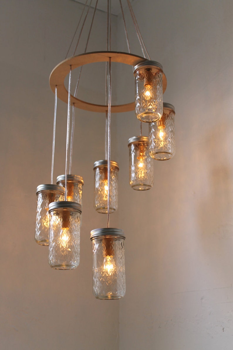 Mason Jar Chandelier, Spiral Waterfall Mason Jar Lighting Fixture With 8 Quilted Pint Jars, BootsNGus Rustic Modern Home Lighting & Decor image 5