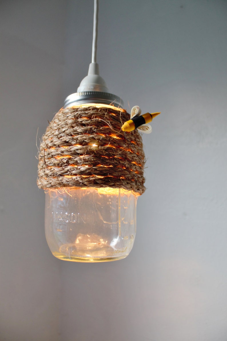 The Hive Mason Jar Pendant Lamp, Hanging Lighting Fixture With A Rope Wrapped Quart Jar, Rustic Handcrafted BootsNGus Lights & Home Decor image 4