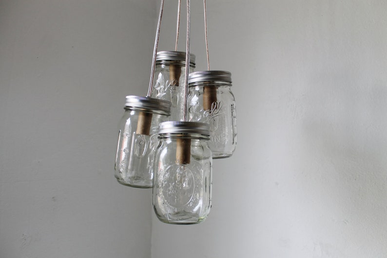 Mason Jar Chandelier, 4 Clustered Jars, Mason Jar Pendant Lighting Fixture, Rustic Upcycled Mason Jar Lights, Bulbs Included, Free Shipping image 5