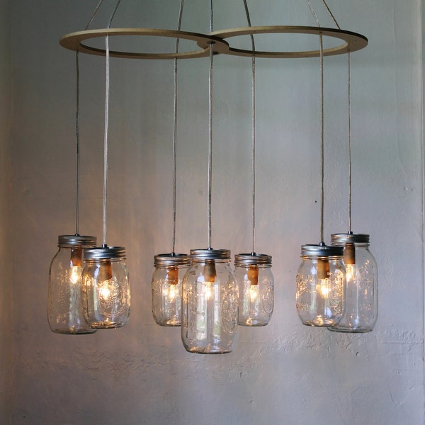 Mason Jar Chandelier, Hanging Mason Jar Lighting Fixture, Rustic BootsNGus Modern Mason Jar Pendant Lighting and Home Decor, Bulbs Included