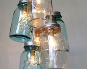 Mason Jar Chandelier, Handcrafted Rustic Hanging Lighting Fixture, 6 Clustered Clear and Antique Aqua Blue Jars, BootsNGus Lights & Decor