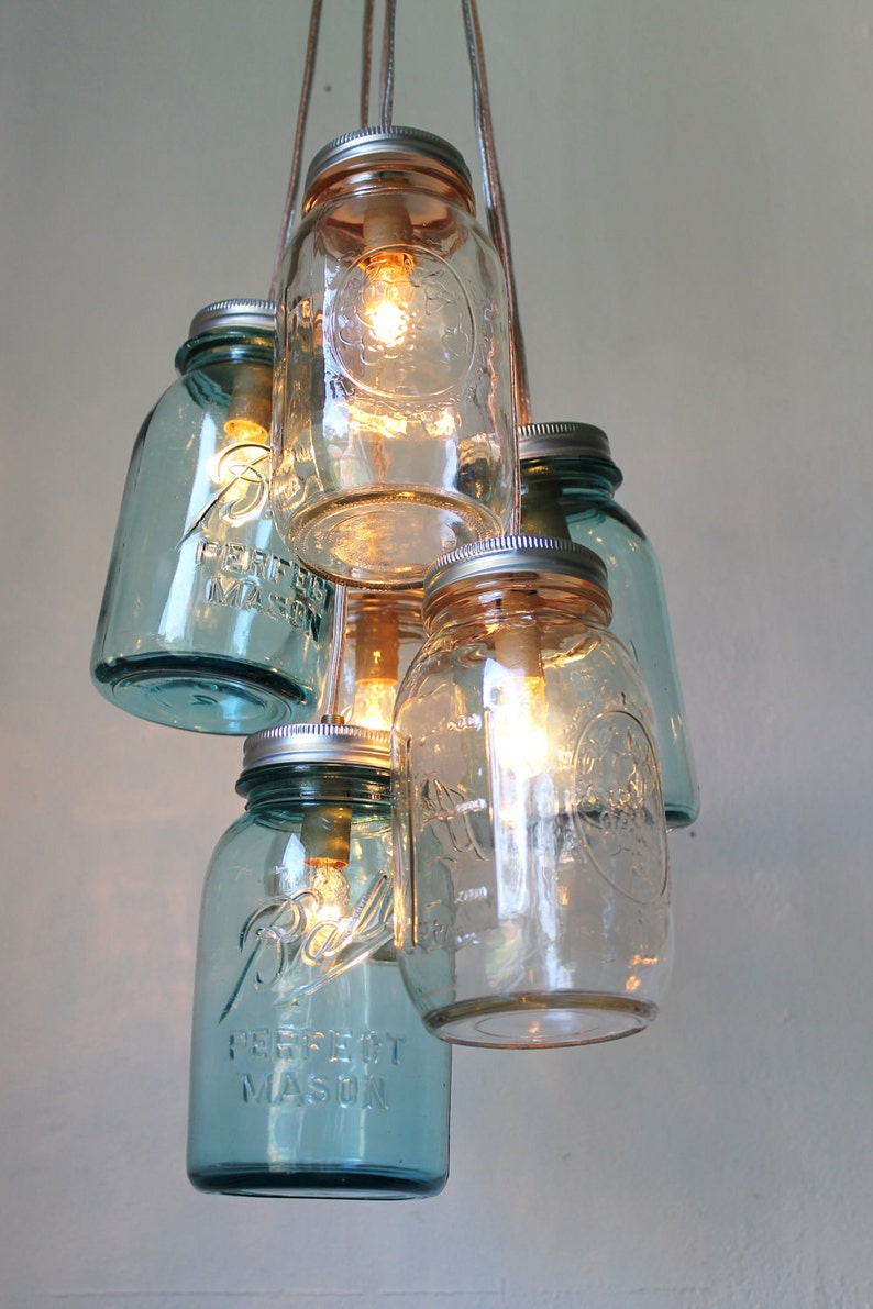 6 Clustered Clear and Antique Aqua Blue Jars Mason Jar Chandelier Handcrafted Rustic Hanging Lighting Fixture BootsNGus Lights /& Decor
