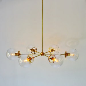 Sputnik Chandelier, Brass Finish, 6 Clear Bubble Glass Globes, Large Modern Hanging Pendant Ceiling Mount Lighting Fixture image 2