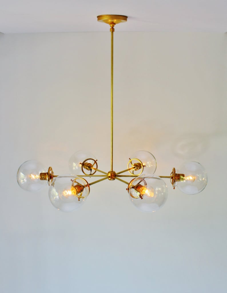 Sputnik Chandelier, Brass Finish, 6 Clear Bubble Glass Globes, Large Modern Hanging Pendant Ceiling Mount Lighting Fixture image 2