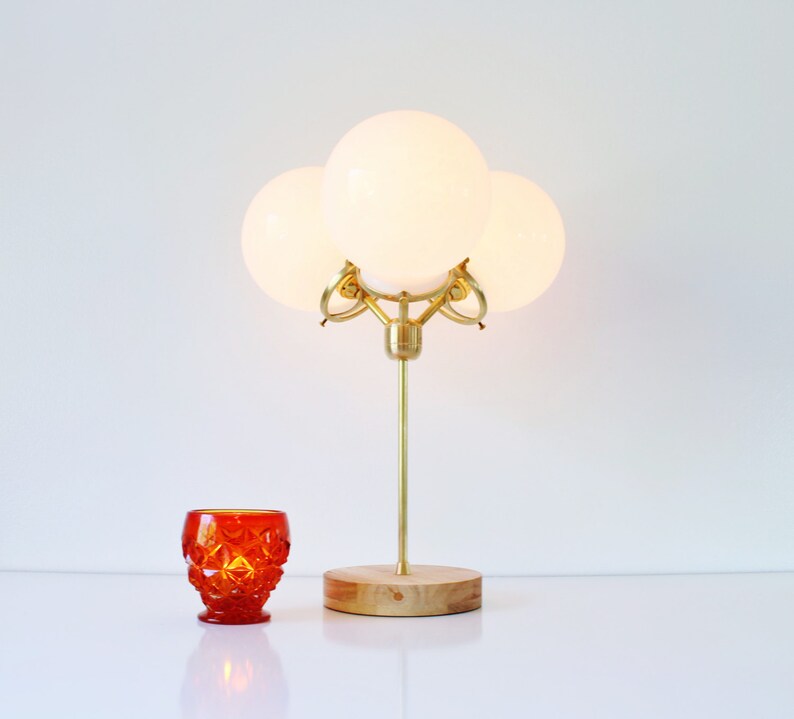 Table Lamp Modern Brass 3 White Frosted Glass Bubble Globes Wood Base Desk Light