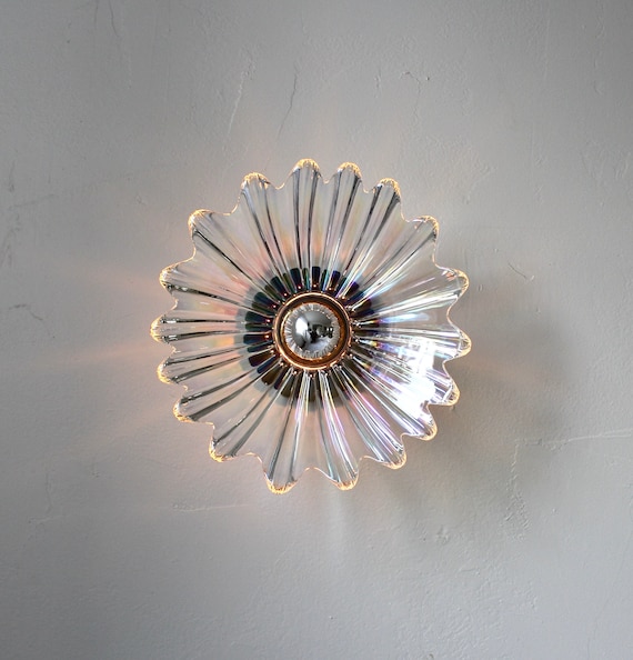 Iridescent Sconce Lamp, Flush Mount Wall or Ceiling Lighting Fixture, Upcycled Vintage Federal Glass 11" Bowl Lamp Shade