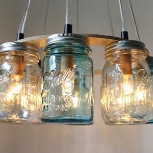 Mason Jar Chandelier, Beach House Mason Jar Lighting Fixture, Blue and Clear Jars, Hanging Pendant Light, BootsNGus Lighting, Bulbs Included image 3