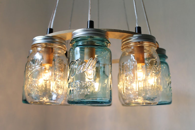 Mason Jar Chandelier, Beach House Mason Jar Lighting Fixture, Blue and Clear Jars, Hanging Pendant Light, BootsNGus Lighting, Bulbs Included image 3