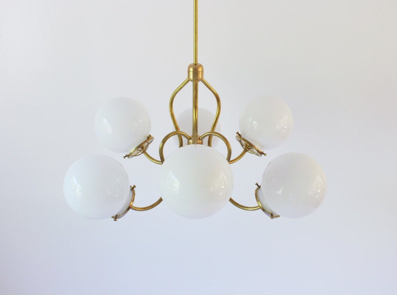 Brass Chandelier Lighting Fixture, Brass Pendant Lamp, 6 White Glass Globes on Fluted Arms, BootsNGus Modern Lighting and Home Decor image 4