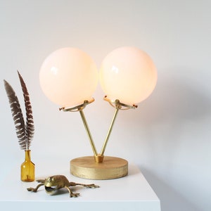 Gold Table Lamp, 2 White Globes, Wood Brass and Glass Desk Lamp, Raw Brass Twin White Glass Globes, BootsNGus Lighting and Home Decor image 6