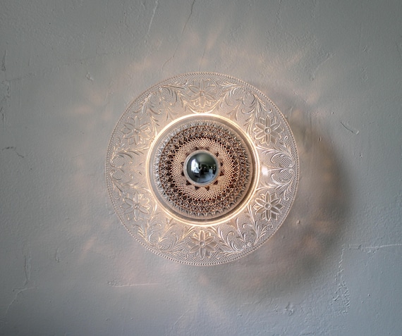 Flush Mount Wall Sconce/Ceiling Lighting Fixture, Upcycled Vintage Clear Indiana Glass Dinner Plate Shade, Wire In Or Plug In, Bulb Included