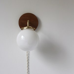 Wall Sconce Lamp, Brass and Wood Modern Wall Mounted Lighting Fixture, Frosted White Glass Globe Shade, Wire-In Or Plug-In image 4