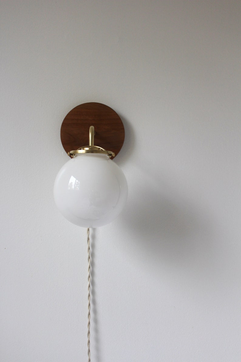 Wall Sconce Lamp, Brass and Wood Modern Wall Mounted Lighting Fixture, Frosted White Glass Globe Shade, Wire-In Or Plug-In image 4