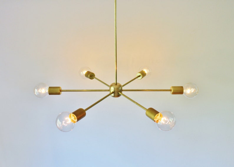 Sputnik Chandelier, Mid Century Modern Brass Pendant Lighting Fixture, 6 Arms, Large Hanging Ceiling Mount Lamp, Free Shipping image 2