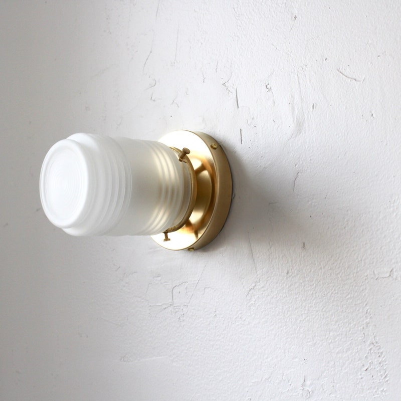 Wall Sconce Lamp Brass Flush Mount Light Ribbed Frosted Glass Jar Shade Modern Minimalist Lighting Fixture Wire In Or Plug Odista Com - Flush Mount Wall Sconce Plug In