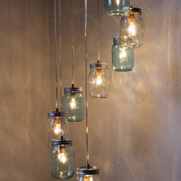 Spiral Mason Jar Chandelier, 8 Clear & Blue Jars, Modern Country Ceiling Mount Hanging Mason Jar Pendants Lighting Fixture, Bulbs Included