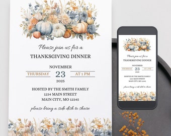 感謝祭ディナー招待状、感謝祭テンプレート、感謝祭招待状、印刷可能な感謝祭招待状、編集可能なテンプレート、デジタル