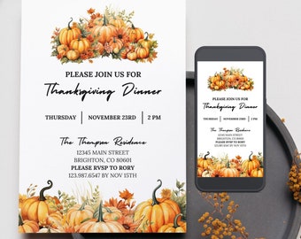 感謝祭ディナー招待状、感謝祭テンプレート、感謝祭招待状、印刷可能な感謝祭招待状、編集可能なテンプレート、デジタル