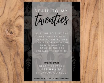 20 代に死を告げる招待状 | 編集可能な Canva テンプレート | デジタル ダウンロード | 30 歳の誕生日パーティー招待状