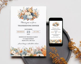感謝祭ディナー招待状、感謝祭テンプレート、感謝祭招待状、印刷可能な感謝祭招待状、編集可能なテンプレート、デジタル