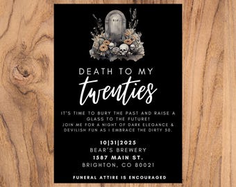 20 代に死を告げる招待状 | 編集可能な Canva テンプレート | デジタル ダウンロード | 30 歳の誕生日パーティー招待状