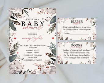 ホリデー招待状 - ホリデー - ベビーシャワー招待状 - ベビーシャワーバンドル - 花柄 - ベビーシャワー招待状 - 編集可能なテンプレート - ベビーシャワー