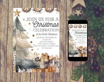 クリスマス パーティー招待状テンプレート | 印刷可能なホリデー招待状 | 素朴なクリスマス ツリーとギフトのデザイン | デジタル ダウンロード | Canva 編集可能