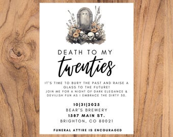 20 代に死を告げる招待状 | 編集可能な Canva テンプレート | デジタル ダウンロード | 30 歳の誕生日パーティー招待状