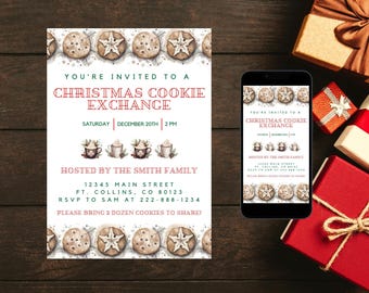 クリスマス クッキー招待状テンプレート | 印刷可能なホリデー招待状 | クリスマス クッキー交換 | デジタル ダウンロード | Canva 編集可能
