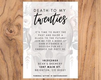 20 代に死を告げる招待状 | 編集可能な Canva テンプレート | デジタル ダウンロード | 30 歳の誕生日パーティー招待状