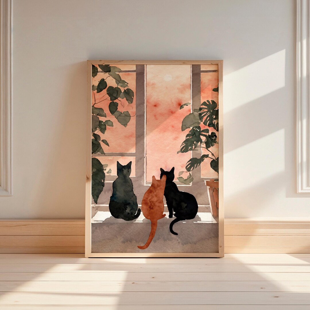 Beautiful Wall Art of Cats Looking Out the Window, Digital Art for Cat ...