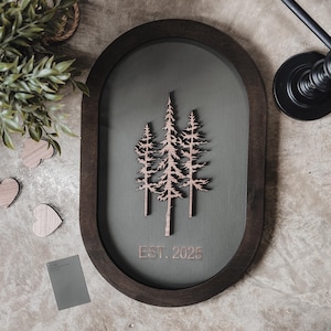 Letrero personalizado con el nombre de la familia, árbol de pino ovalado en 3D, regalo de boda de madera