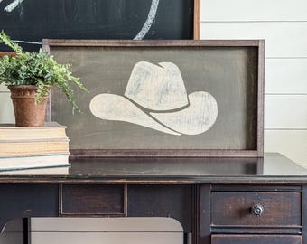 Handmade Cowboy Hat Sign | Antiqued Green Western Farmhouse Wall Decor