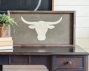 Large Rustic Longhorn Wood Sign | Framed Western Farmhouse Wall Decor | Handmade Ranch Entryway Art