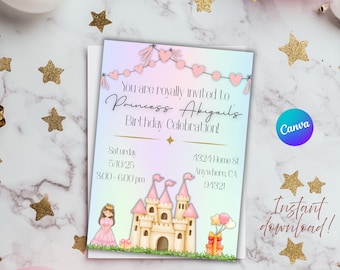 Invitación de cumpleaños de princesa: Fiesta de la Princesa Real, Castillo Rosa (Plantilla de Canva, Descarga Instantánea)