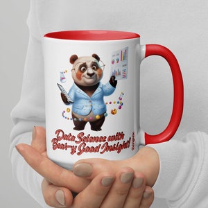 May include: White ceramic mug with a red rim and handle. The mug features a cartoon panda wearing a blue lab coat and holding a tablet and a chart. The text on the mug reads "Data Science with Bear-y Good Insight!"