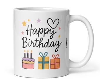 Alles Gute zum Geburtstag Becher, Pastell Kuchen und Geschenke Design, Kaffeetasse aus Keramik
