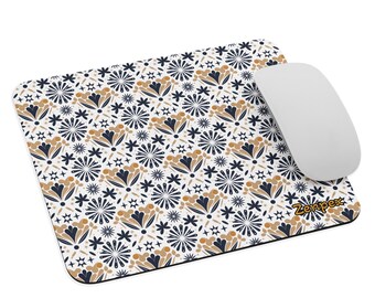 Vintage Floral Mousepad: Beige, Navy & Mustard Geometric Pattern