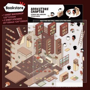 May include: A set of stickers featuring a miniature bookstore with shelves full of books, a ladder, and small penguin characters. The stickers are part of a "Bookstore Chapter" sticker series and are designed to build a small world with your hands. The stickers are 122 x 131 mm and 45 x 150 mm.