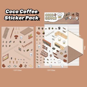 May include: A sticker pack featuring a cute dog-themed coffee shop. The pack includes two sheets of stickers, one with a variety of coffee shop elements and the other with a larger scene of a coffee shop interior. The stickers are perfect for decorating planners, journals, laptops, and more.