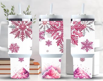 Sparkly pink winter tumbler wrap, snowflake, 40 oz. tumbler sublimation design, digital download, png tumbler with handle wrap.