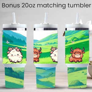 Anime highland cows and sheep 40oz tumbler wrap, 40oz tumbler png design, highland cow design, anime wrap, sublimation quencher wrap